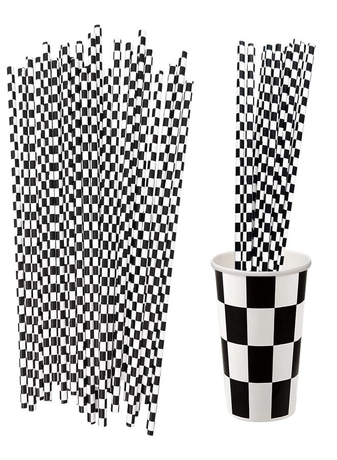EaciTown 50 Pcs Checkered Flag Paper Straws Racing Car Straws Black and White Checkered Drinking Straws for Racing Birthday Party Decorations - Image 1